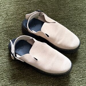 Dr. Martens Beige Suede Slingback Clogs with Black Sole